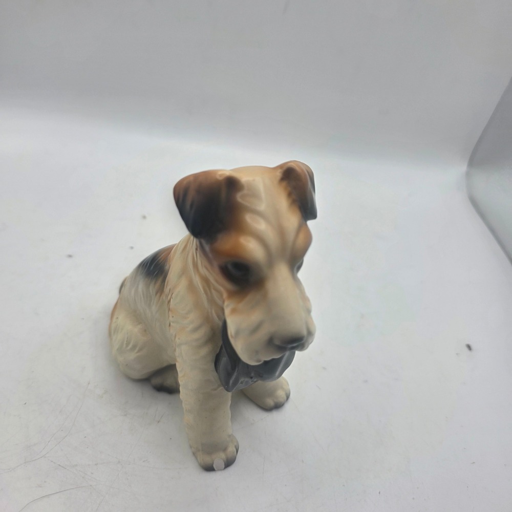 Ceramic Wire Fox Terrier Dog Figurine Sitting Puppy Black Bow Tan White Unmarked